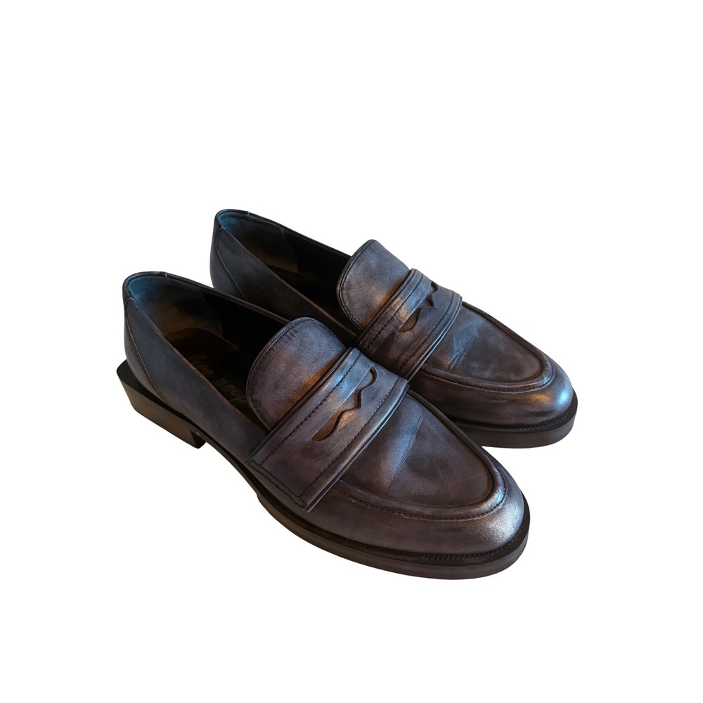 Free People Beaufort Leather Penny Loafers Dark Grey Square Block Heel size‎ 38